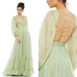 Mac Duggal 67948 Pleated Cut Out Long Sleeve Lace Up Tiered Gown Size 6 NWT